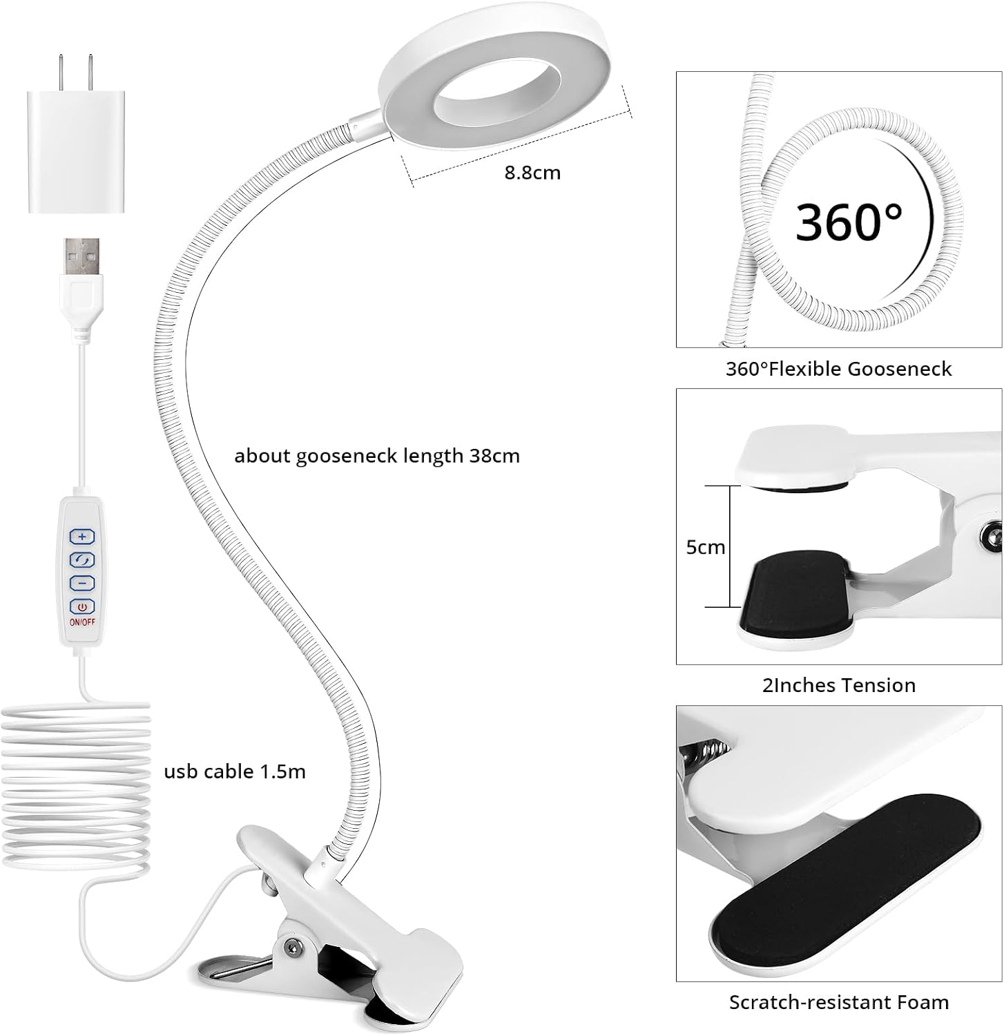 Woputne Desk Lamp Clip on Desk Reading Lights for Books in Bed (White)