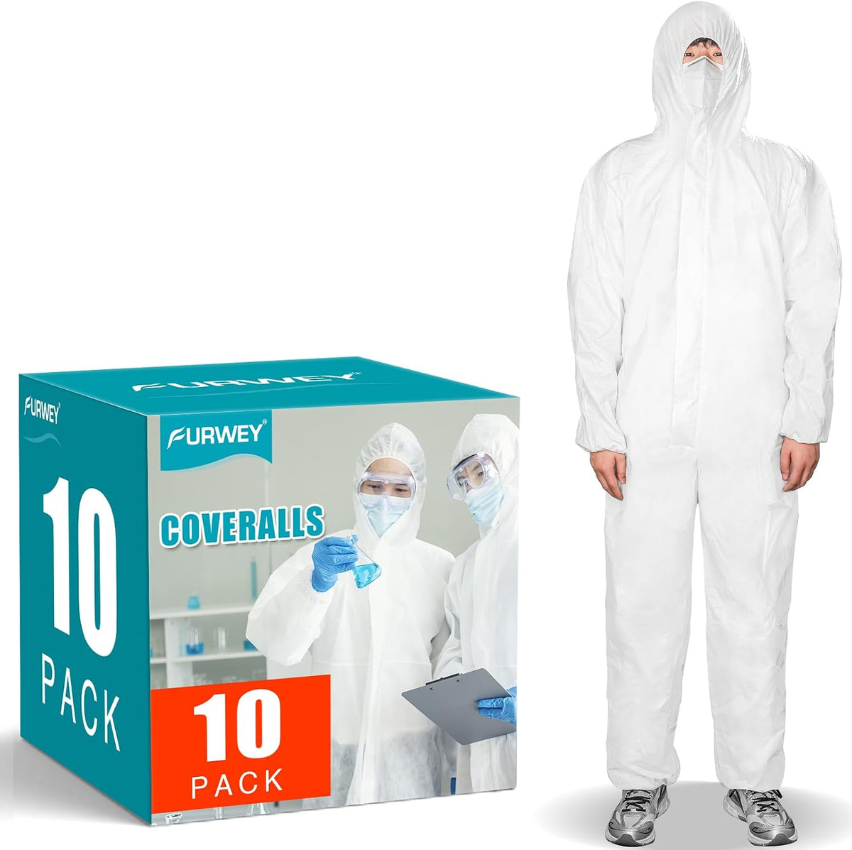 FURWEY Hazmat Suits 1/10 Pack Disposable Coveralls, with Elastic Wrists, Ankles and Hood, Available in 4 sizes
