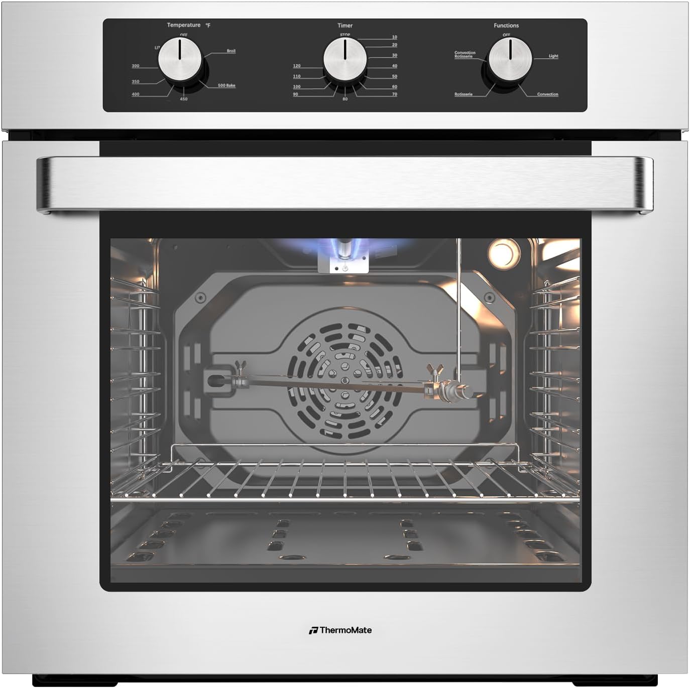 ThermoMate 24 Inch Gas Wall Oven, ETL Certified, Natural Gas Oven with Bake Broil Rotisserie Functions, 2.12 Cu.Ft, Convenction Fan, Timer, 120V Cord Plug, Stainless Steel