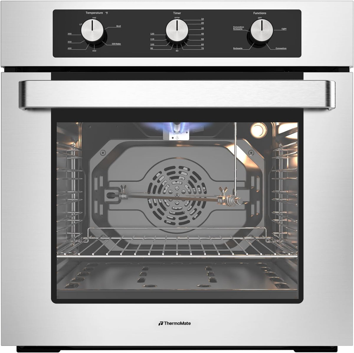 ThermoMate 24 Inch Gas Wall Oven, ETL Certified, Natural Gas Oven with Bake Broil Rotisserie Functions, 2.12 Cu.Ft, Convenction Fan, Timer, 120V Cord Plug, Stainless Steel
