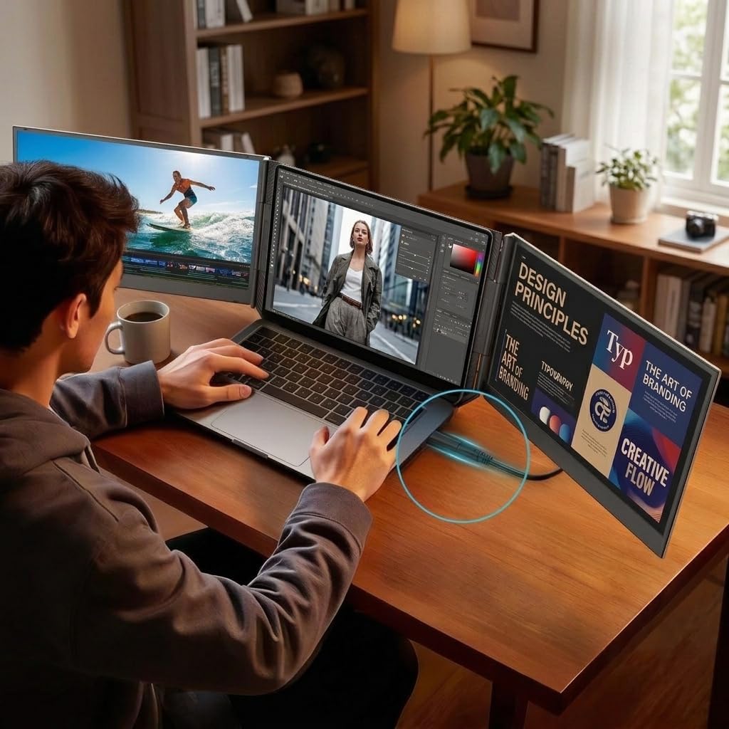 APILDELLA 15.6'' Triple Laptop Screen Extender One Cable Connection, 1080P FHD Laptop Extended Monitor Portable with Speaker, Ultra-Slim Travel Monitor for 13-17.3" Laptops, Work with Mac, Window