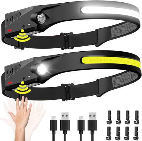Headlamp Rechargeable 2PCS, 230° Wide Beam Head Lamp LED with Motion Sensor for Adults - Camping Accessories Gear, Waterproof Head Light Flashlight for Hiking, Running, Repairing, Fishing, Cycling
