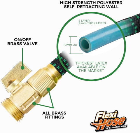 Flexi Hose with 8 Function Nozzle, 50FT - Lightweight Expandable Garden Hose, No-Kink Flexibility, 3/4 Inch Solid Brass Fittings and Double Latex Core - Black and Green
