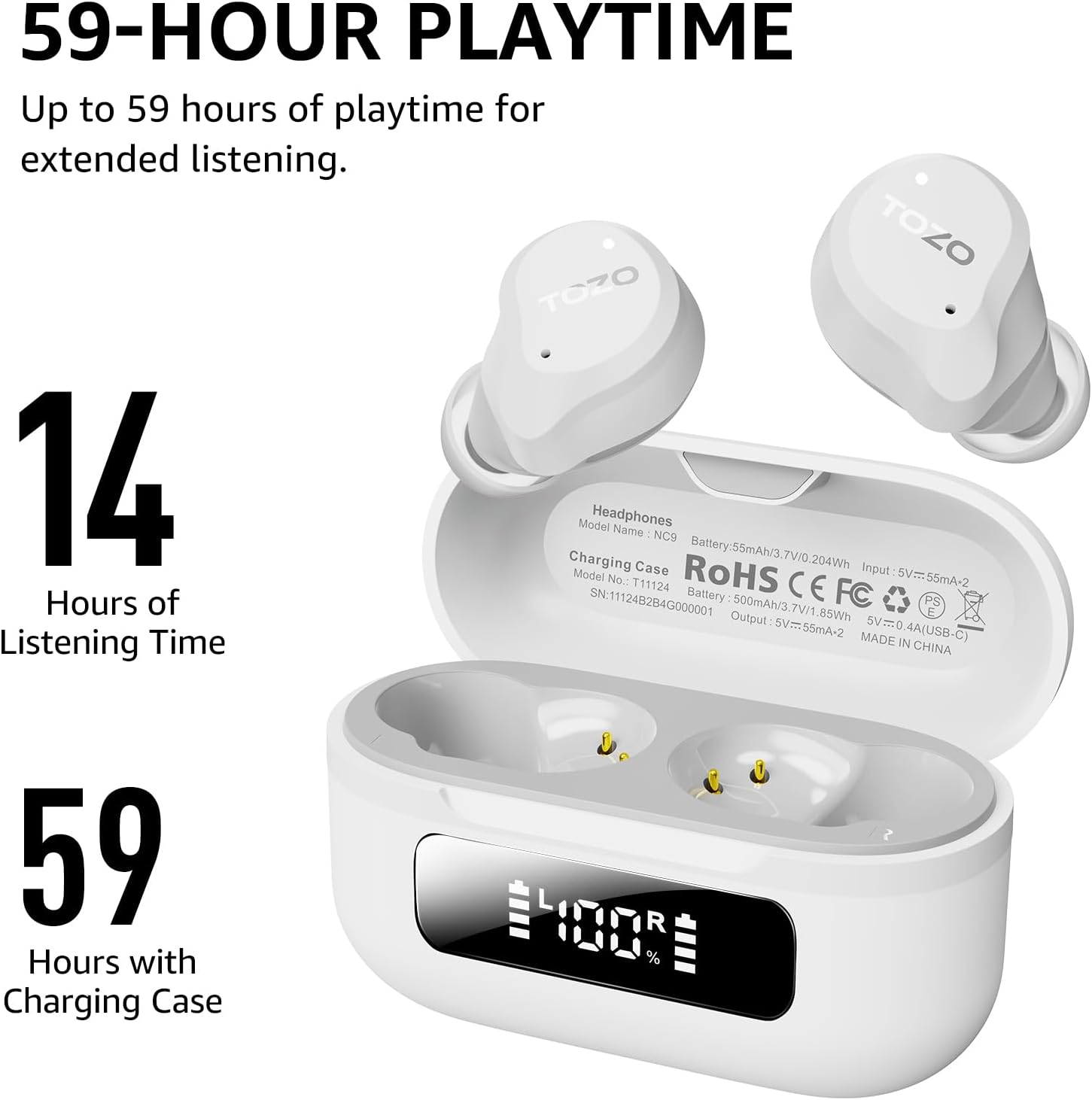 TOZO NC9 Hybrid Active Noise Cancelling Wireless Earbuds, 60H, LED Display