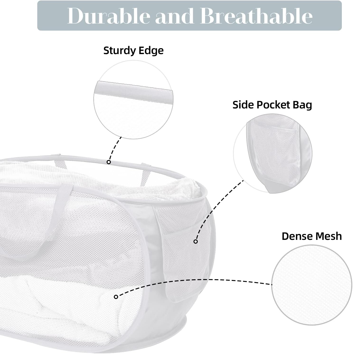 Strong Mesh Pop Up Laundry Basket, Collapsible Laundry Hamper with Side Pocket, Foldable Clothes Hamper with Durable Reinforced Handles for Laundry, Bathroom, Kids Room, Dorm or Travel 2 Pack White