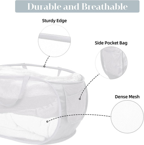 Strong Mesh Pop Up Laundry Basket, Collapsible Laundry Hamper with Side Pocket, Foldable Clothes Hamper with Durable Reinforced Handles for Laundry, Bathroom, Kids Room, Dorm or Travel 2 Pack White