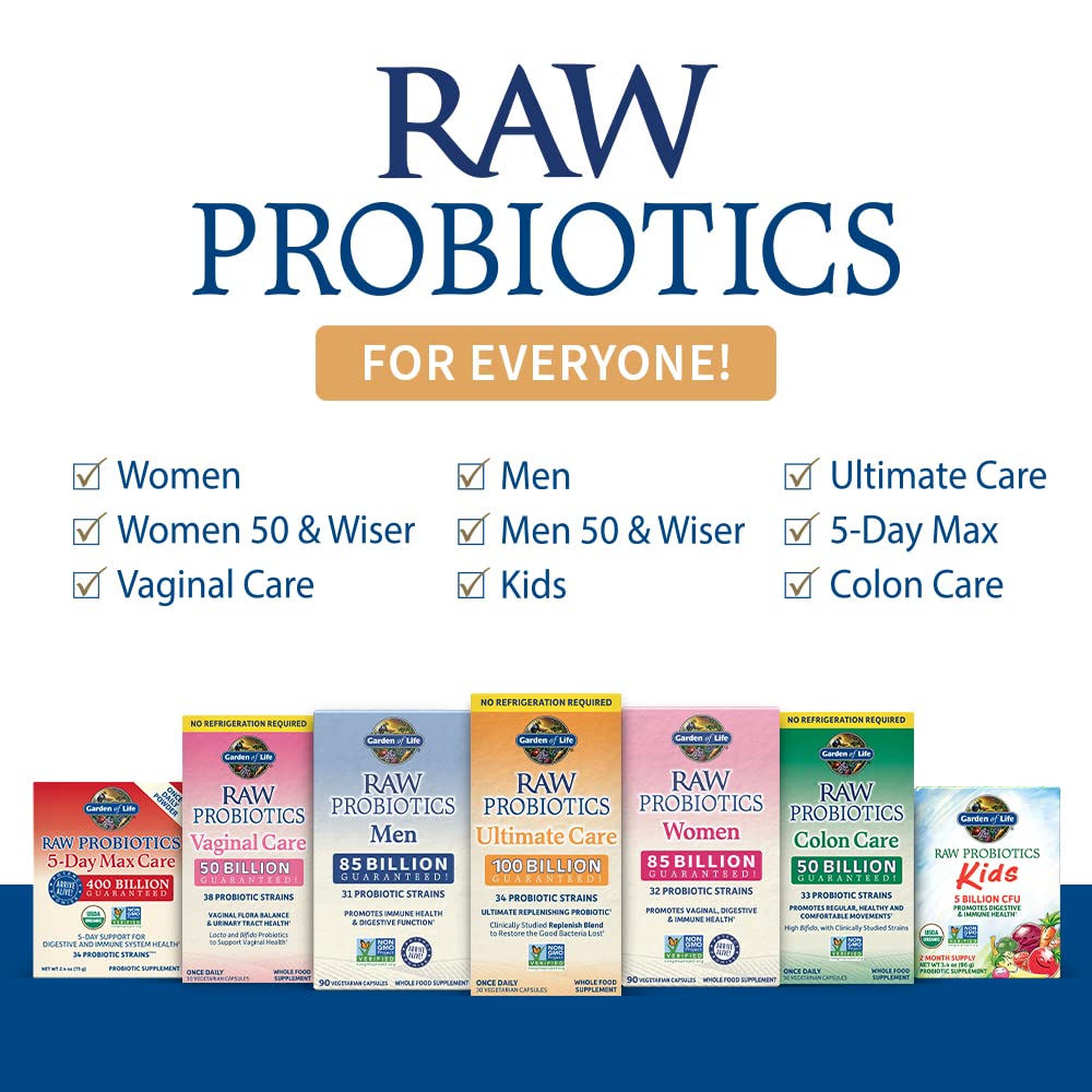 Raw Probiotics - 100 Billion CFU, Shelf Stable, 30 Capsules - For Men and Women, Digestive Enzymes, Clinically Studied Strains - by Garden of Life