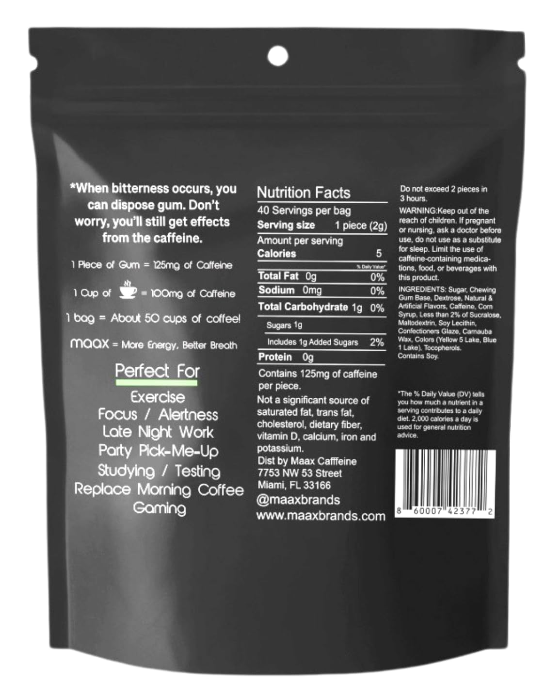 Maax Caffeine Energy Gum | 125mg of caffeine per piece | Spearmint | 40 pieces per bag
