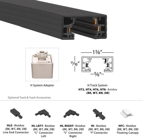WAC Lighting, H Track 6FT Single Circuit 120V with 2 Endcaps in Black