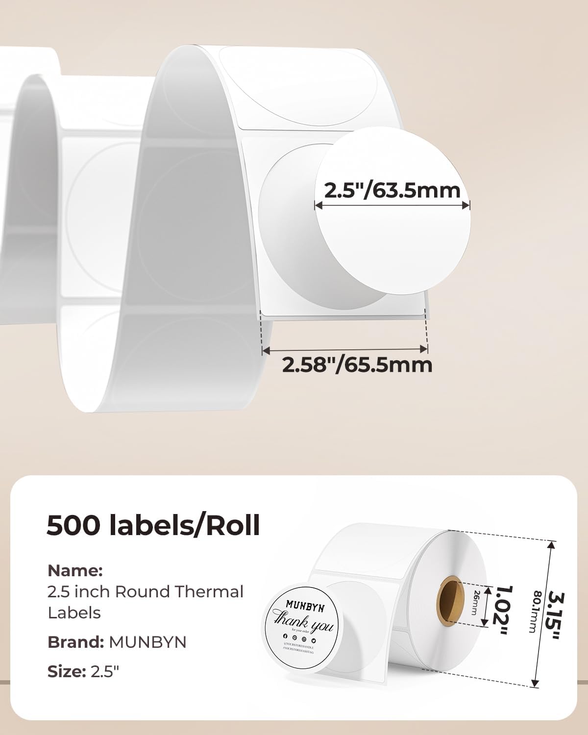 MUNBYN 2.5 Inch White Circle Thermal Labels for Baking, 500 Sheets/1 Roll