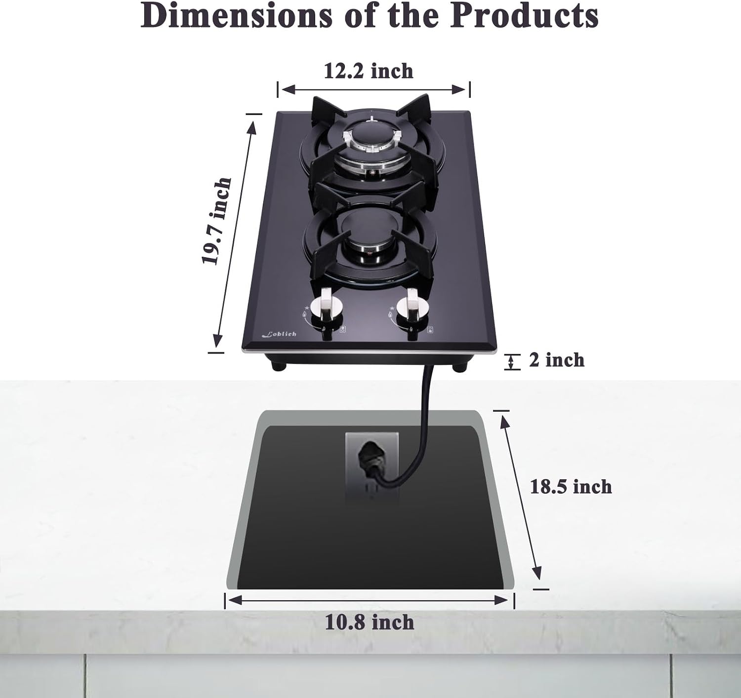 12-inch Gas Cooktop, 2 Burners Built-in Gas Stove Top, Max 12250BTU NG/LPG Convertible Tempered Glass Cooktops, RV, Apartment