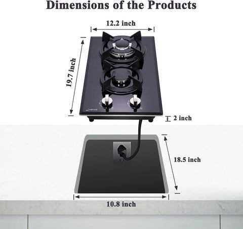 12-inch Gas Cooktop, 2 Burners Built-in Gas Stove Top, Max 12250BTU NG/LPG Convertible Tempered Glass Cooktops, RV, Apartment