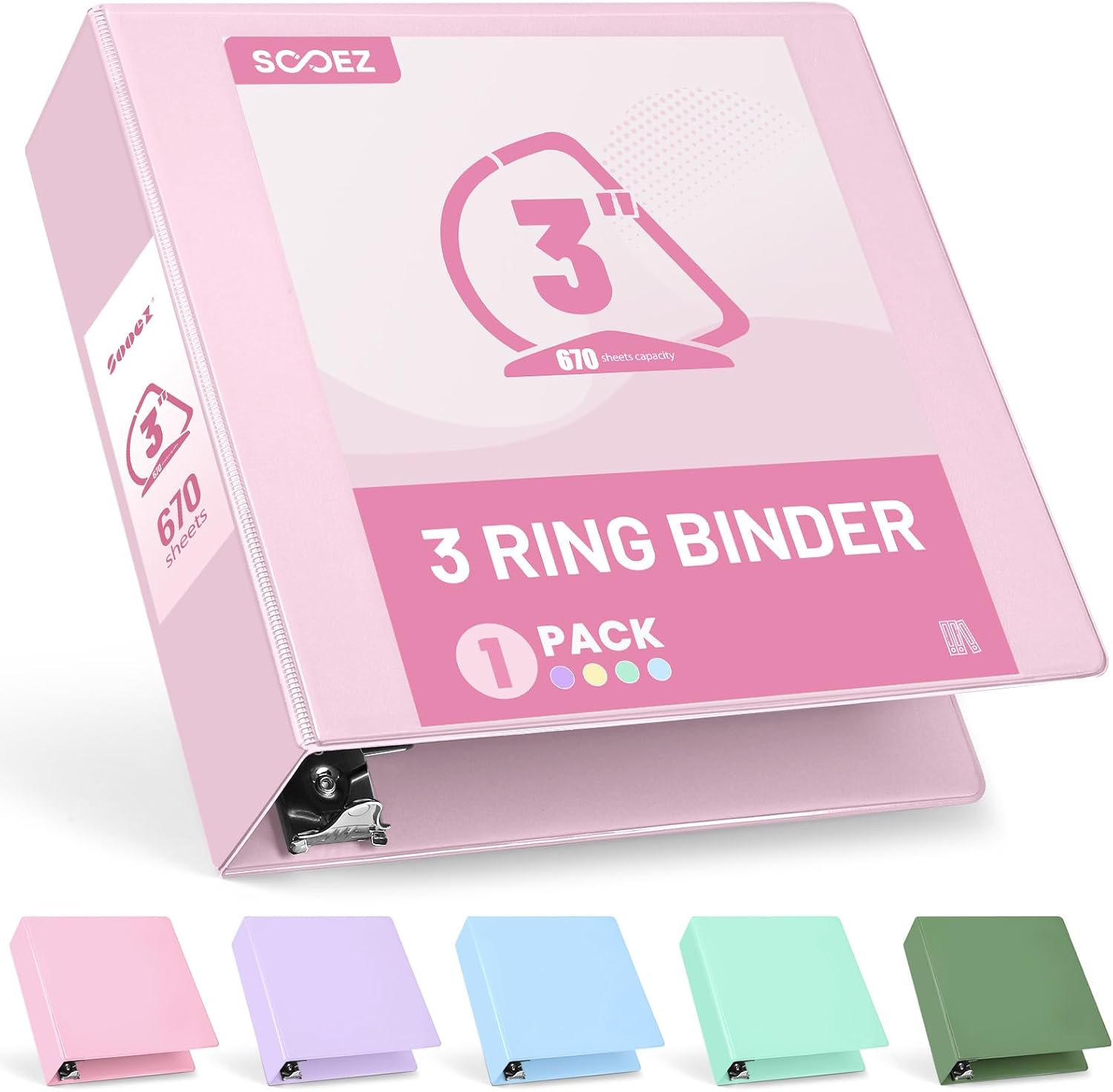 Sooez 3 Ring Binder 3 Inch, Large Binder with Pockets, Pink, Letter Size