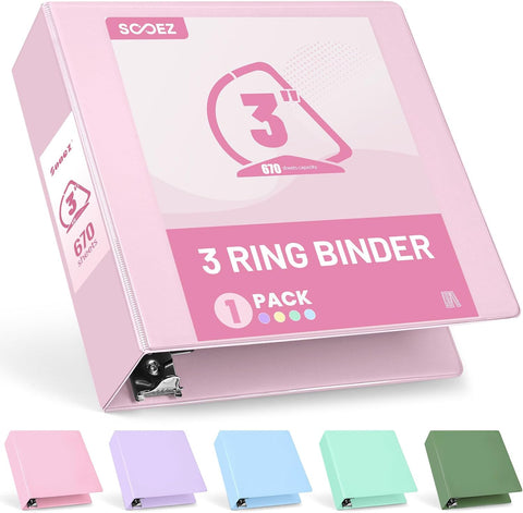 Sooez 3 Ring Binder 3 Inch, Large Binder with Pockets, Pink, Letter Size