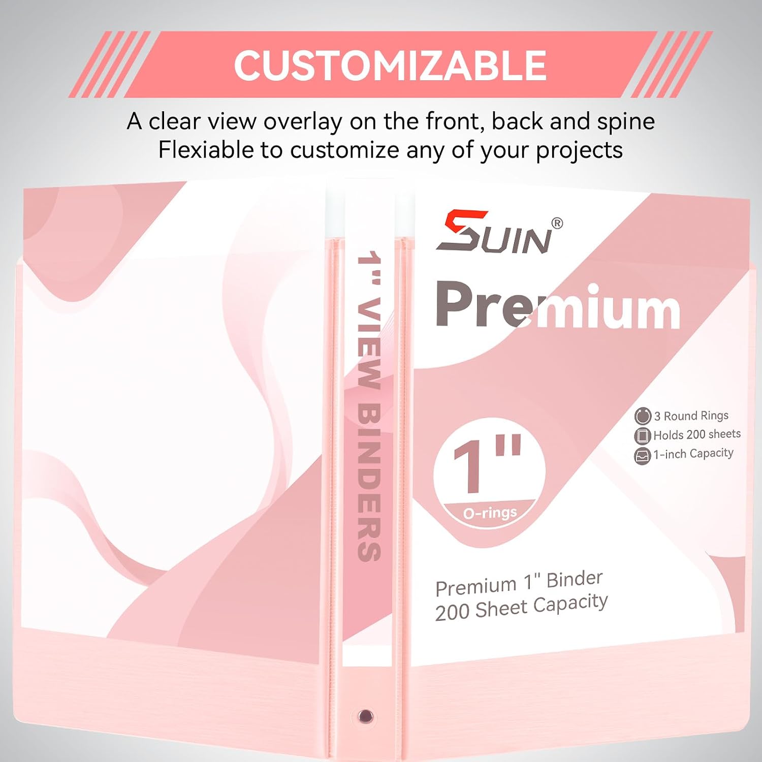 SUIN 1 Inch 3 Ring Binder, Clear 1'' View Presentation Binders with 2 Pockets, Fits 8.5 x 11 Letter Size, Durable Polypropylene, Non-Stick & PVC-Free for School, Office & Home (Brushed Pink)