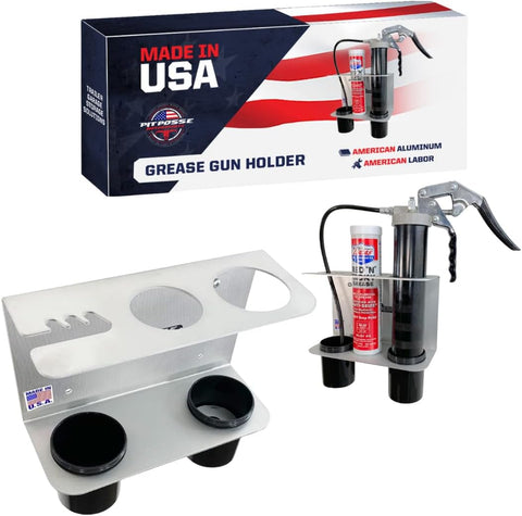 Pit Posse 572 Hand Grease Gun Holder Rack - Made in USA - Garage Organizer Aluminum Storage Caddy Wall Mount Accessory for Enclosed Trailer, Shop, or Garage (Silver)