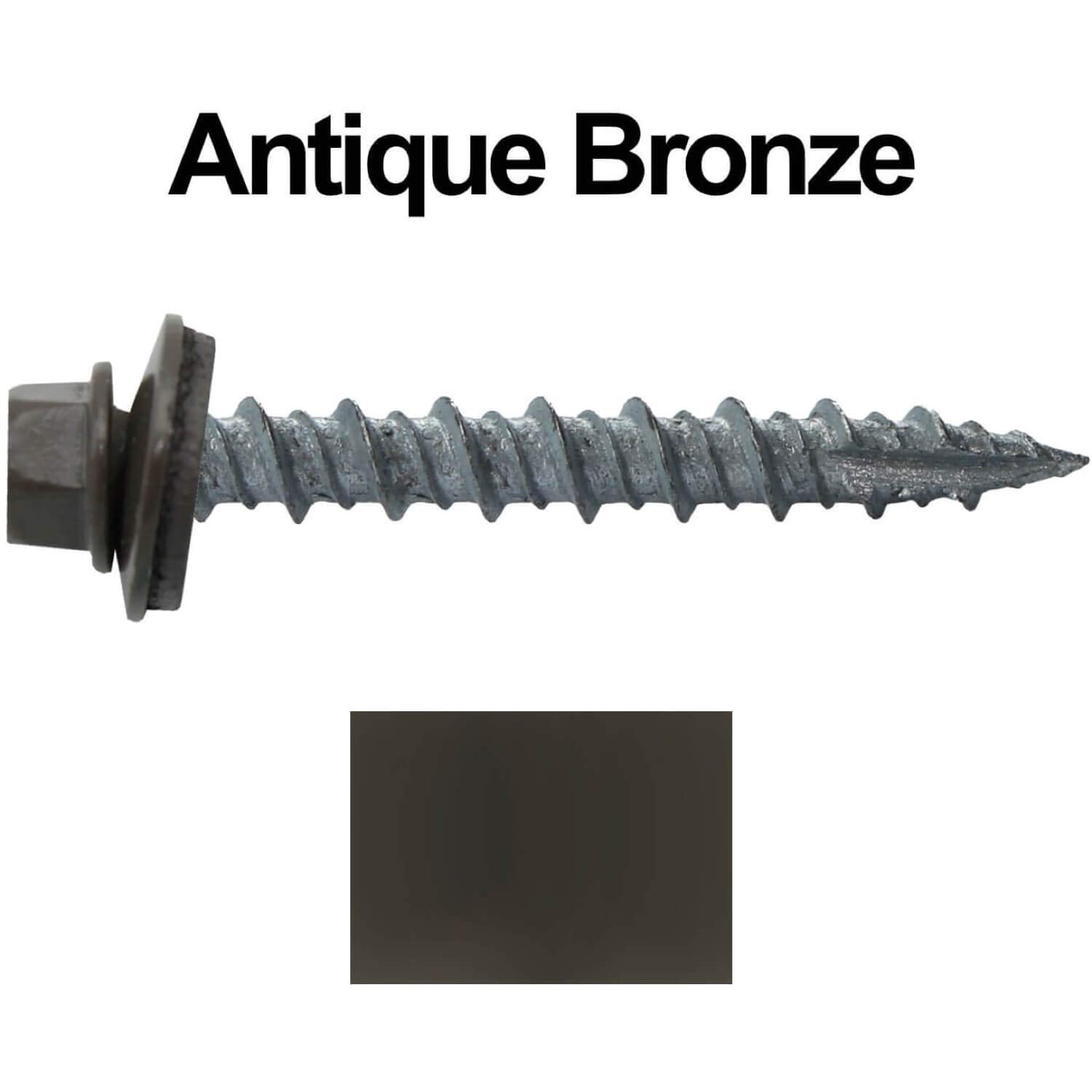 10 x 1-1/2" Antique Bronze Metal Roofing Screws - Hex Washer Head- Self-Starting/Tapping - EPDM Washer. 1 x 250 Count Bag - 250 Screws