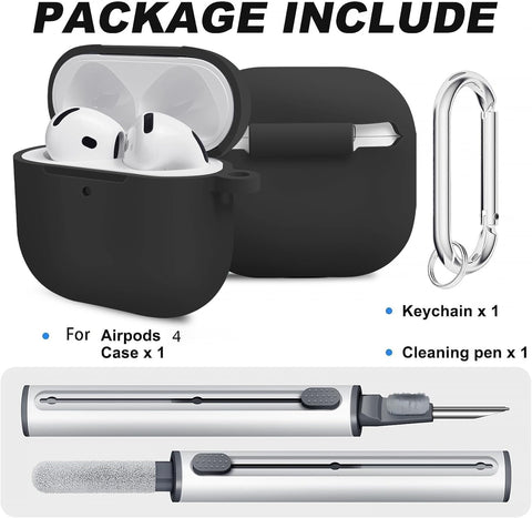 for AirPods 4th Case Cover, Soft Silicone Case with Cleaner Kit, Keychain, Full Protection for Men and Women, Compatible with AirPods 4th Generation (Black)