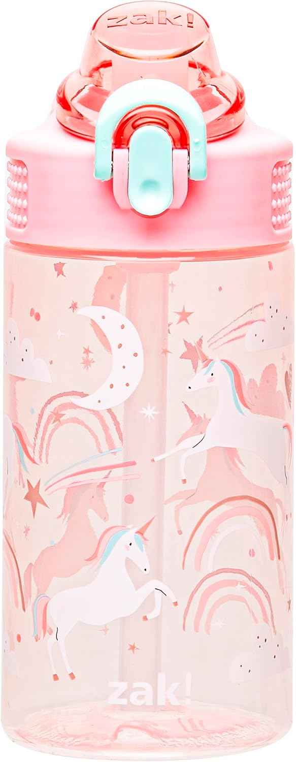 Zak Designs Unicorn Sage 16oz Leak-Proof Straw Kids Water Bottle, Plastic