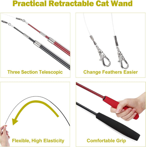 MeoHui Cat Toys for Indoor Cats, Interactive Cat Toy 2PCS Retractable Wand Toy and 9PCS Cat Feather Toys Refills, Funny Kitten Toys Cat Fishing Pole Toy for Bored Indoor Cats Chase and Exercise
