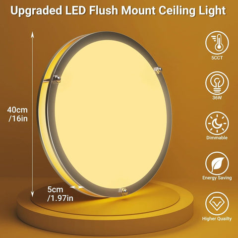 libtit 16Inch Flush Mount Ceiling Lights, 36W Dimmable LED Ceiling Light 3000K-6500K Adjustable, Large & Bright Brushed Nickel Light Fixture for Bedroom Kitchen Bathroom Living Room-1Pack