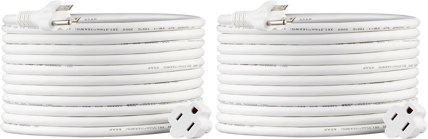 Amazon Basics Extension Cord, 13 Amps, 125V, 20 Foot, White, 2-Pack