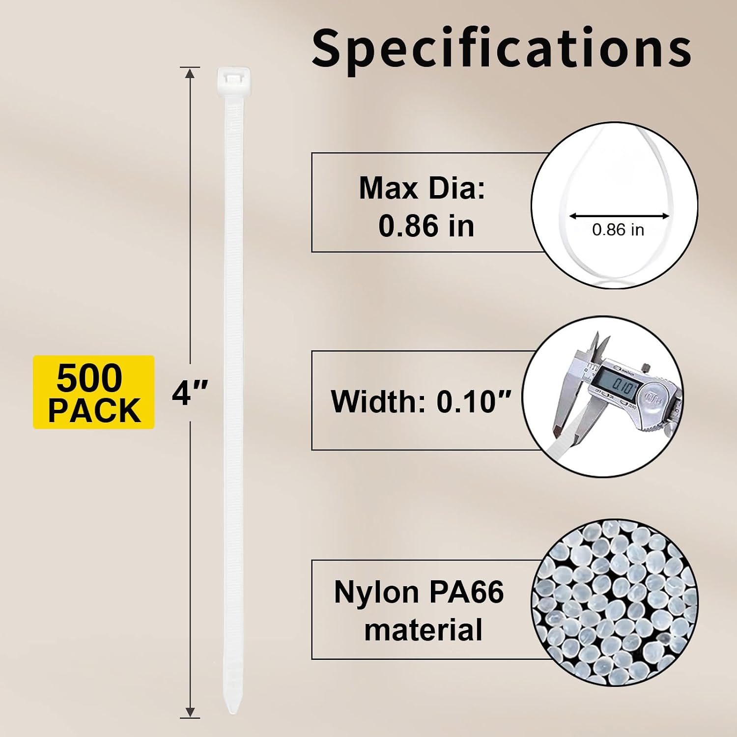 Small Zip Ties 4 Inch, 500 Pack, Mini White Cable Ties for Electronics, Wires, Nylon/Plastic Clear Zip Ties for Home Improvement, Office & Outdoor Use, 18lb Tensile Strength.