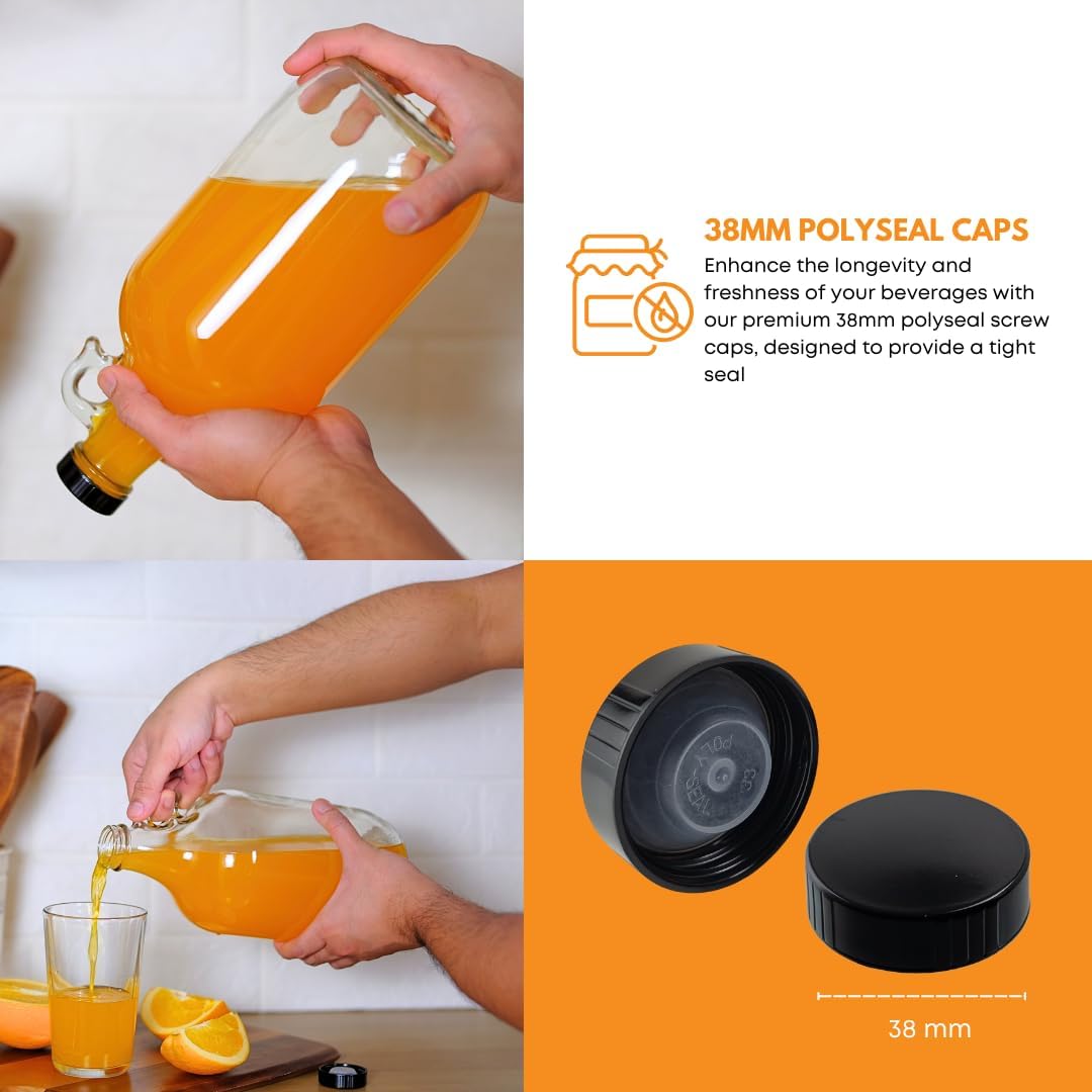 64oz Glass Jug 6-Pack with 18 Polyseal Caps for liquids | Half Gallon Jug