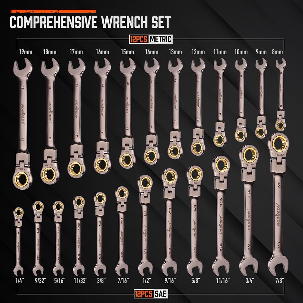 HORUSDY 24-Piece Flex-Head Ratcheting Wrench Set, Metric(8–19mm) & SAE(1/4-7/8") Combination Wrenches, 72-Tooth CR-V Steel, Ratchet Spanners with Wrench Organizer for Repair
