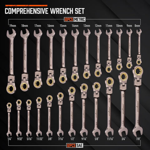 HORUSDY 24-Piece Flex-Head Ratcheting Wrench Set, Metric(8–19mm) & SAE(1/4-7/8") Combination Wrenches, 72-Tooth CR-V Steel, Ratchet Spanners with Wrench Organizer for Repair