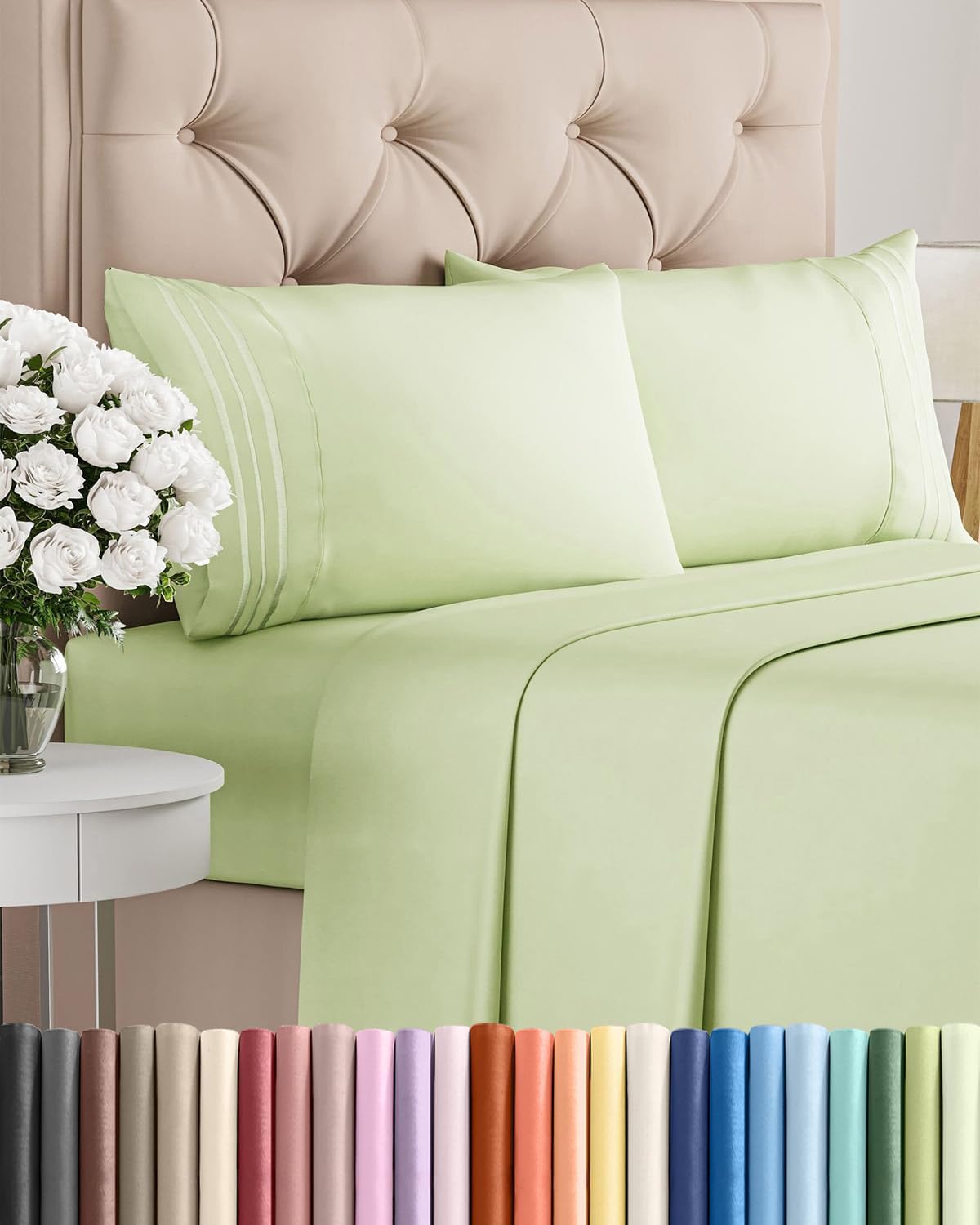 Queen Size 4 Piece Sheet Set - Breathable & Cooling - Light Sage Green