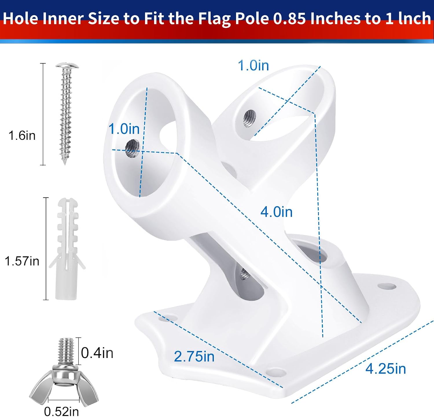 Flag Pole Holder, Outside House Flag Pole Bracket, Heavy Duty Metal Flag Mount, Aluminum Alloy Mounting Brackets, Outdoor Flag Holder- Strong Rust Free, Dual Position 1 inch White
