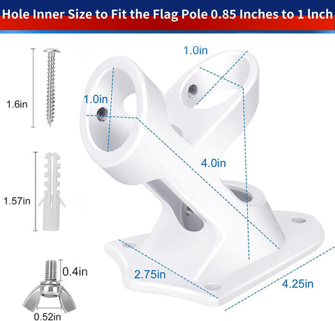 Flag Pole Holder, Outside House Flag Pole Bracket, Heavy Duty Metal Flag Mount, Aluminum Alloy Mounting Brackets, Outdoor Flag Holder- Strong Rust Free, Dual Position 1 inch White