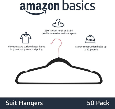Amazon Basics Slim Velvet Non-Slip Space Saving Suit Clothes Hangers for Closet Organization, Black/Rose Gold, 50-Pack