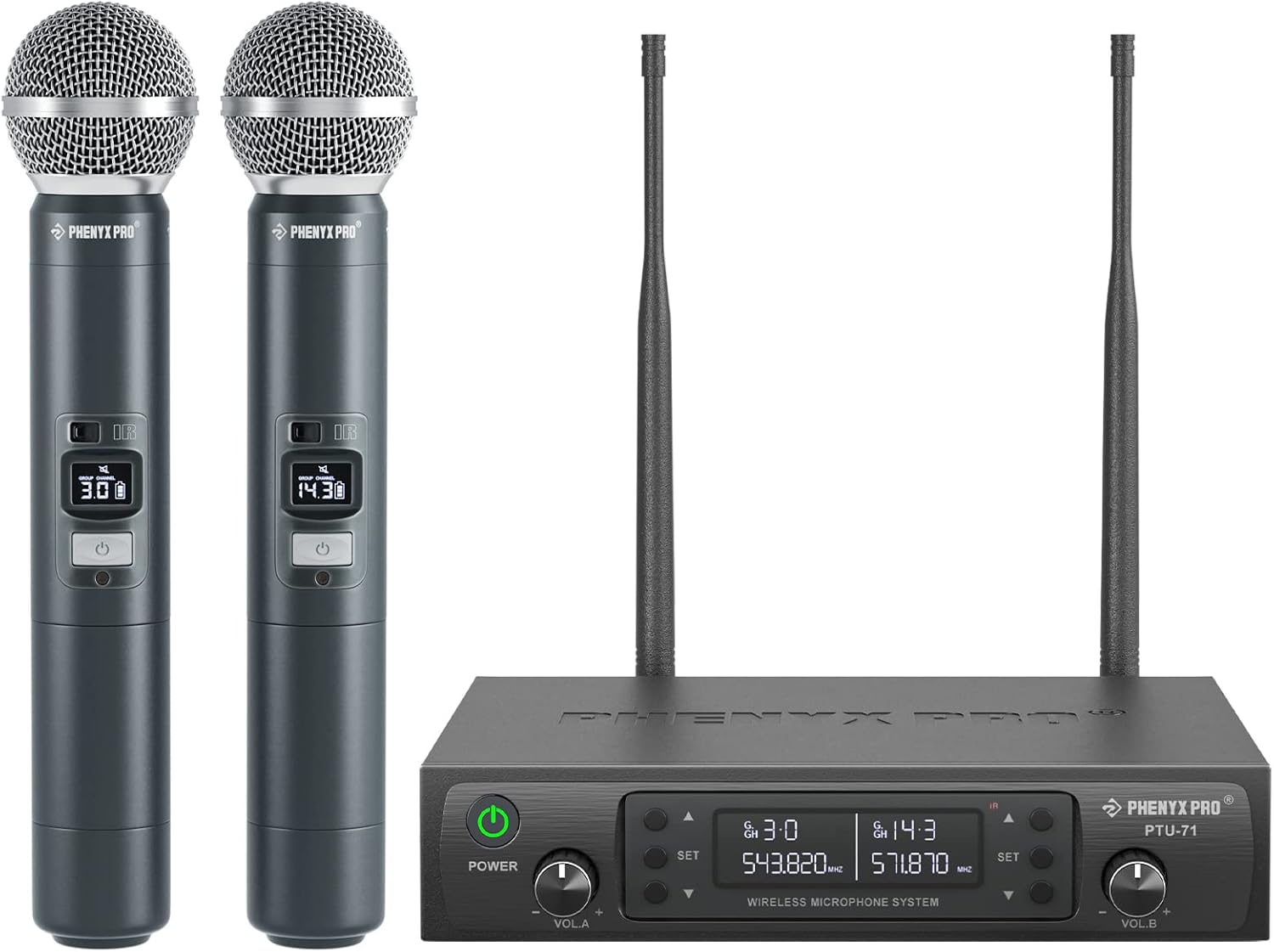 Phenyx Pro Dual UHF Auto Scan Handheld Wireless Microphone System PTU-71-2H