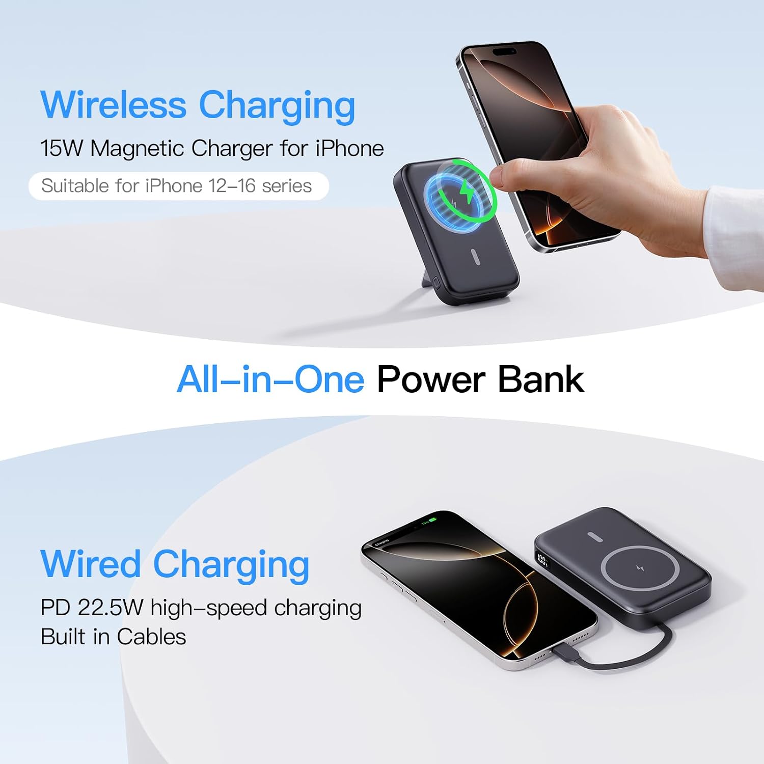 16800mAh Magnetic Power Bank with Built-in Cables for iPhone Series