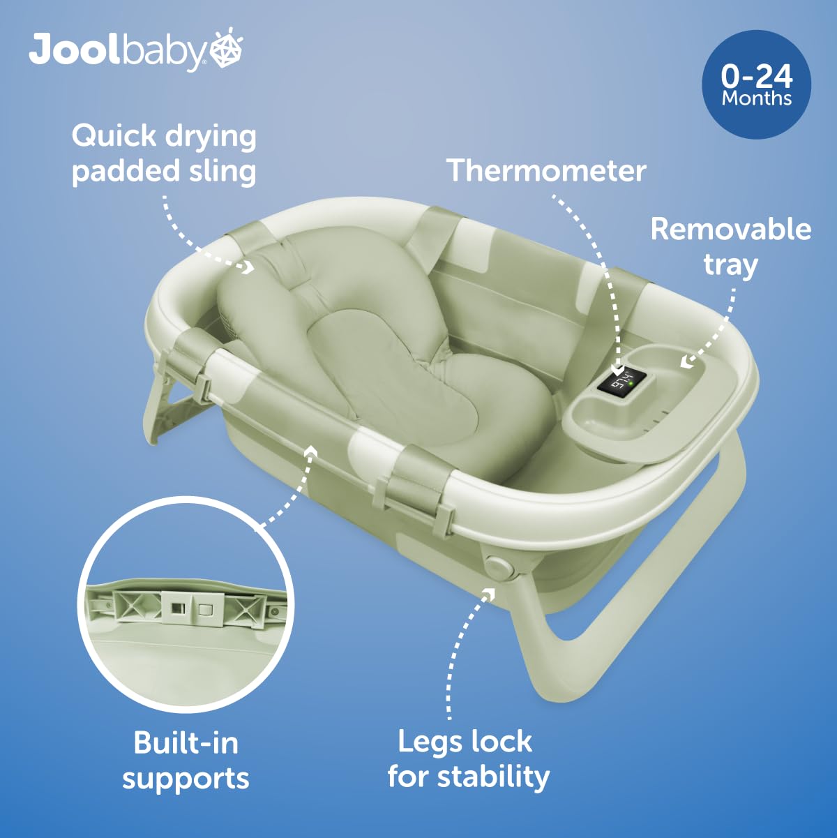 Jool Baby Foldable Baby Bathtub – Portable for Travel – Thermometer (Sage)