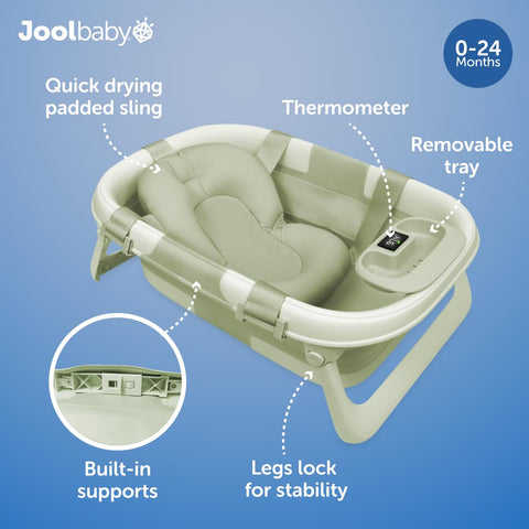 Jool Baby Foldable Baby Bathtub – Portable for Travel – Thermometer (Sage)