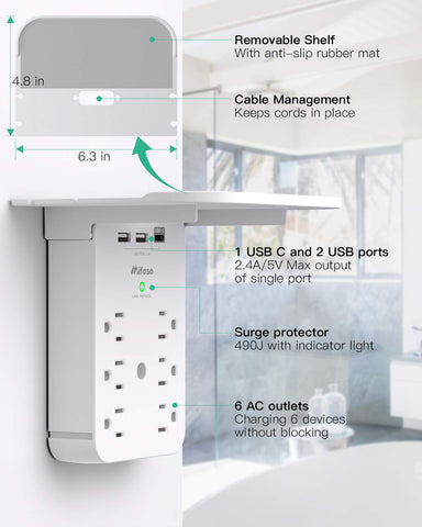 Wall Outlet Extender with Surge Protector, 6 AC Outlets, Shelf, 2 USB & USB C Charging Ports - Home & Dorm Plug Expander