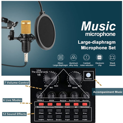 Podcast Equipment Bundle, BM-800 Recording Studio Package with Voice Changer, Live Sound Card - Audio Interface for Laptop Computer Vlog Living Broadcast Live Streaming YouTube TikTok (AM100-V8)