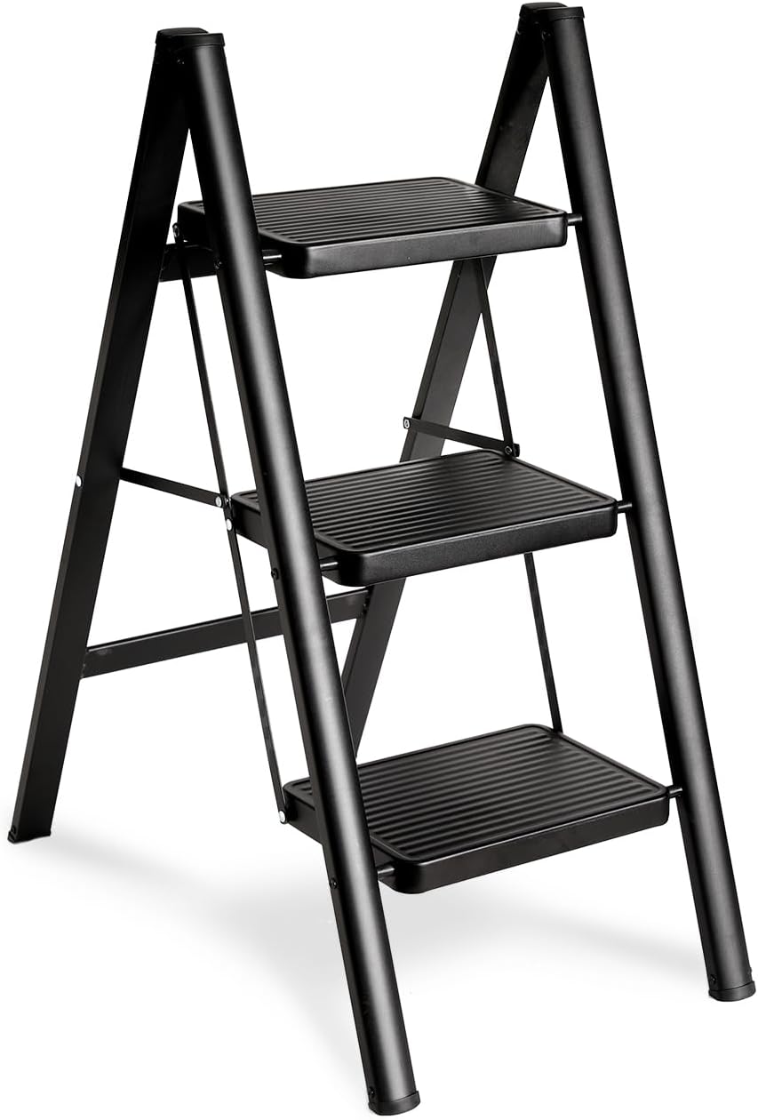 Double Elite Folding 3 Step Ladder, Sturdy Small Step Stool for Adults, Safer Full Steel Multi-use Kitchen Ladder for Home, Closet Step Stool Ladder with Wide Pedals, Black, 3-Step