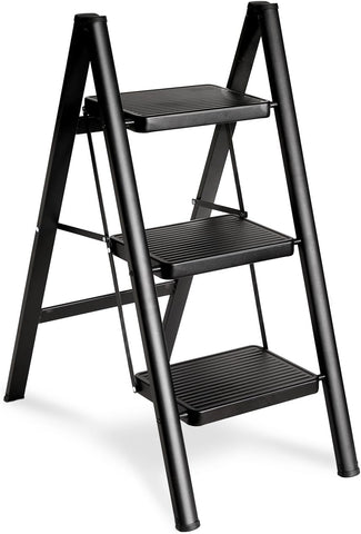 Double Elite Folding 3 Step Ladder, Sturdy Small Step Stool for Adults, Safer Full Steel Multi-use Kitchen Ladder for Home, Closet Step Stool Ladder with Wide Pedals, Black, 3-Step
