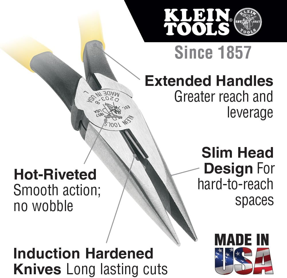 Klein Tools D203-8NCR Long Nose Side-Cutter Strip/Crimp Pliers, Induction Hardened and Heavier For Increased Cutting Power, 8-Inch