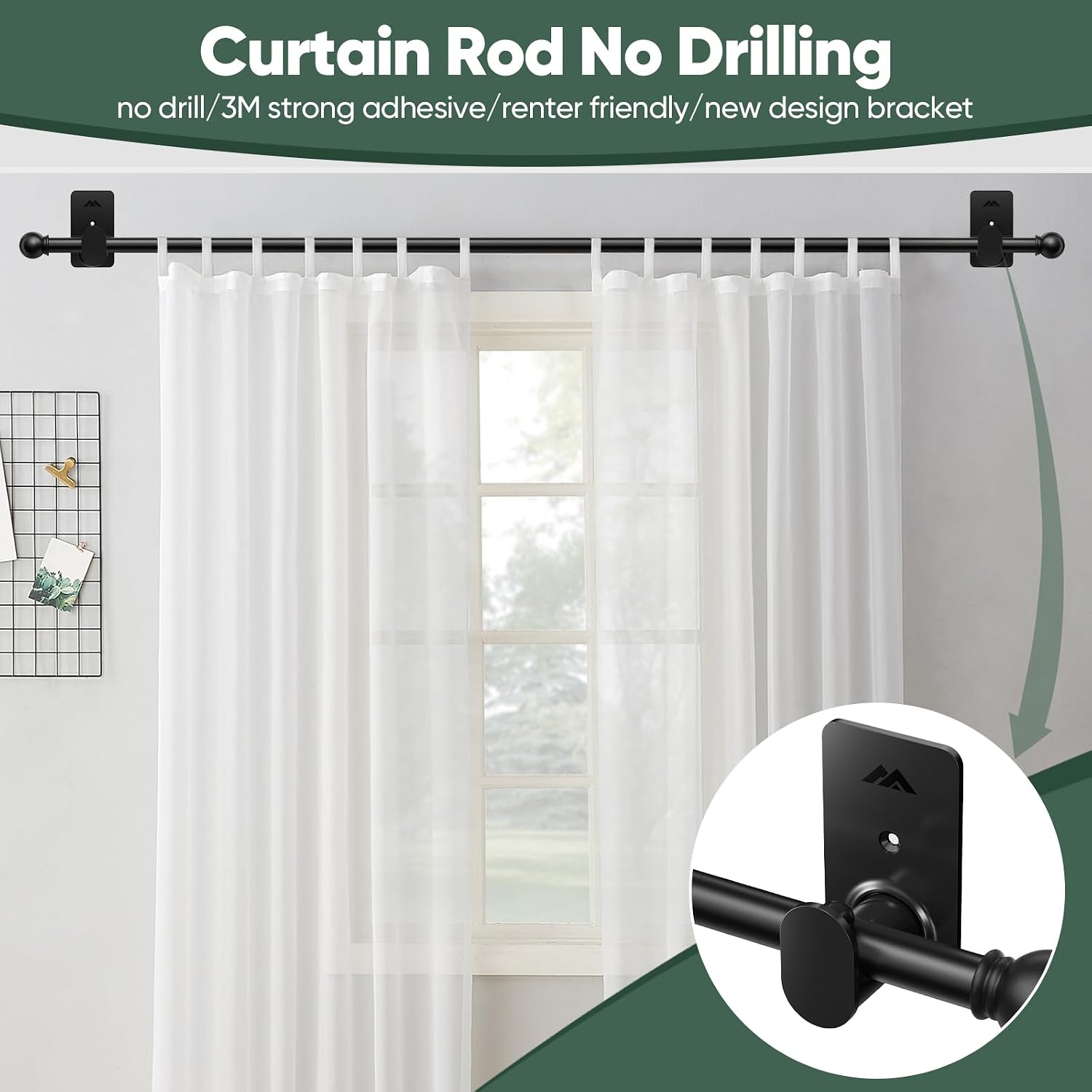 ZNONOX Curtain Rods No Drilling for Windows 30 to 45 Inches,5/8 Inch Diameter No Drill Curtain Rod Set with 3M Adhesive Brackets, Black