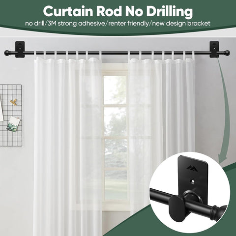 ZNONOX Curtain Rods No Drilling for Windows 30 to 45 Inches,5/8 Inch Diameter No Drill Curtain Rod Set with 3M Adhesive Brackets, Black