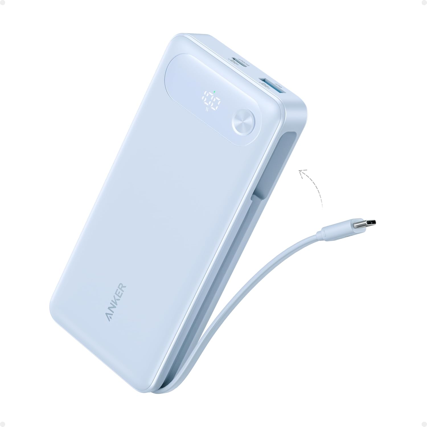 Anker Power Bank, 20,000mAh Travel Essential, Built-in USB-C Cable