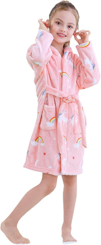 Umeyda Girls Fleece Hooded Robes, Warm Printed Bath Robe for Kids Soft Fuzzy Bathrobe for Gifts