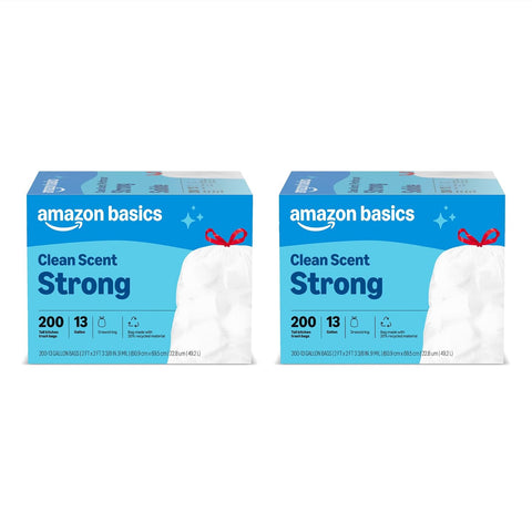 Amazon Basics Scented Trash Bags, Tall Kitchen Drawstring, Clean Fresh Scent, 13 Gallon, 200 Count, Pack of 2, Packaging May Vary