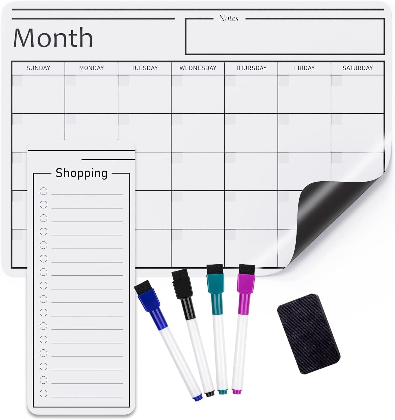 Amazon Basics Magnetic Dry Erase Whiteboard Calendar for Fridge, Easy to Clean, Schedule Organizer, 12" x 17", Includes 4 Markers and Eraser