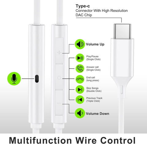 USB C Headphones Wired Earbuds for Samsung iPhone 17/16/15 Pro Max